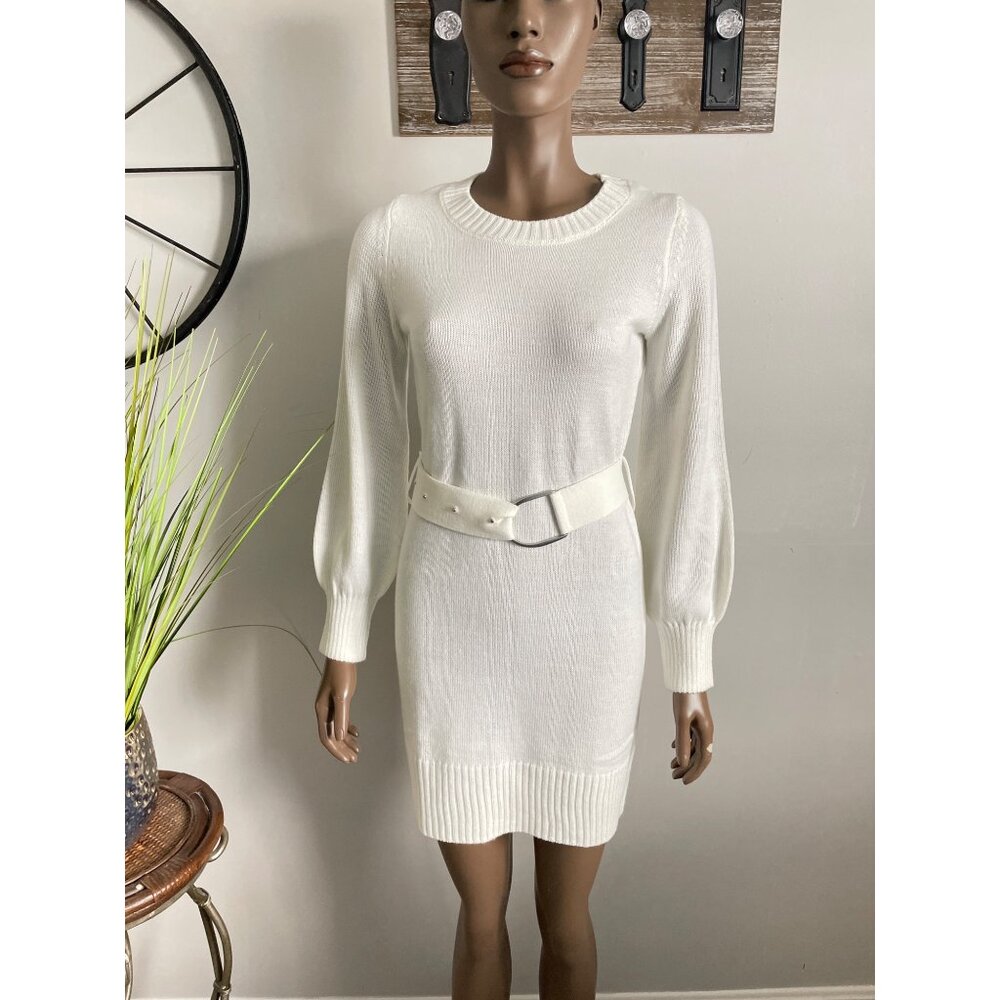 BCX Dress Off White Long-Sleeve Knit Sweater Dress With Belt Size XS